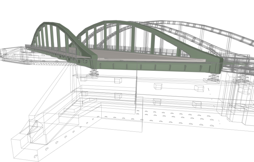 3D-Modell der Veddelkanalbrücke mit mehreren Bogen und transparenten Stützstrukturen.